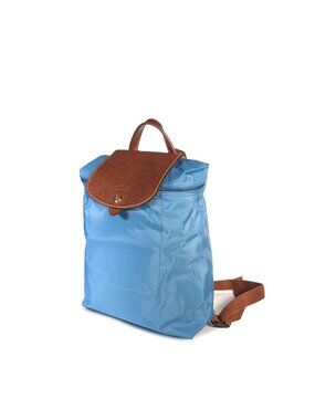 Longchamp Le Pliage Backpack Turquoise Nylon Brown Leather Foldable Bag